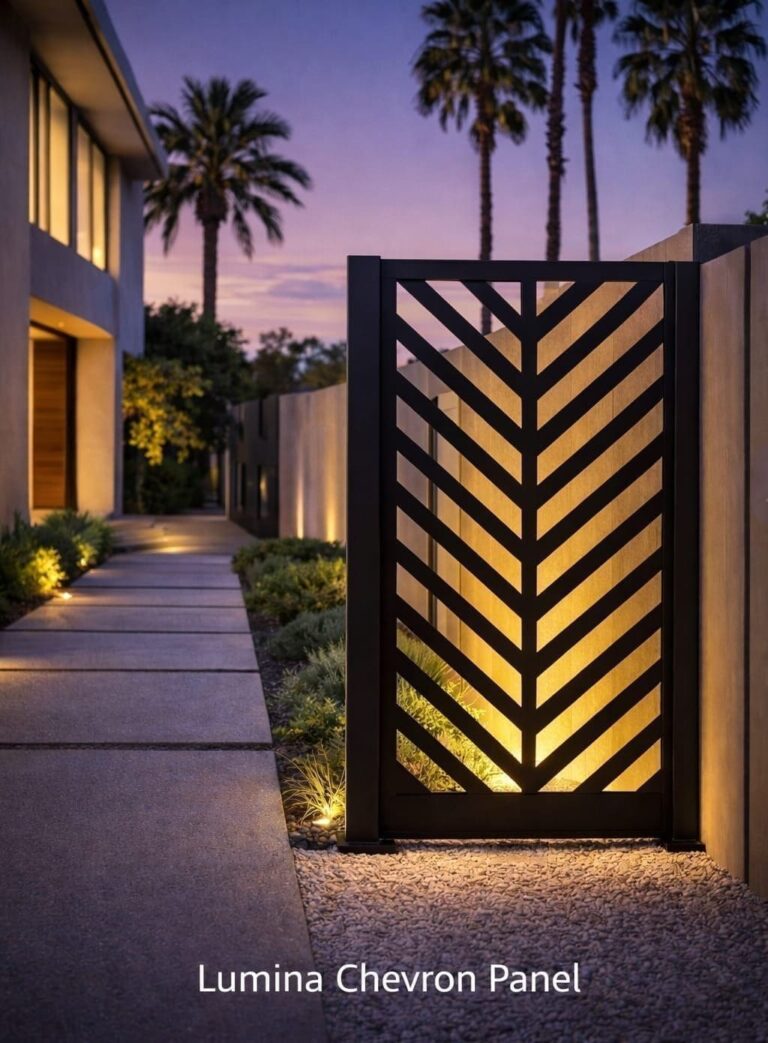 Chevron metal privacy screen lit along a garden path