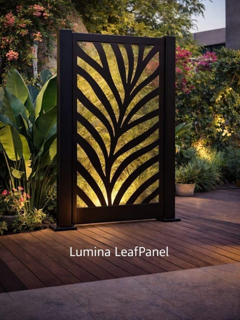 Leaf laser cut metal privacy screen in a planted garden