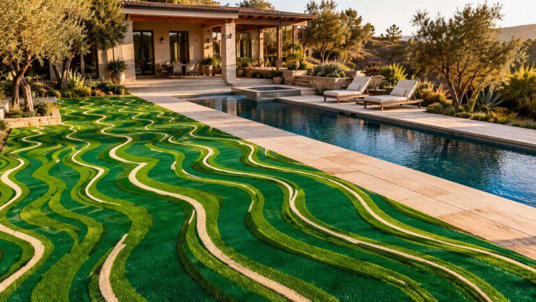 LuxTurf artificial turf with a wave pattern beside a swimming pool and stone pool deck