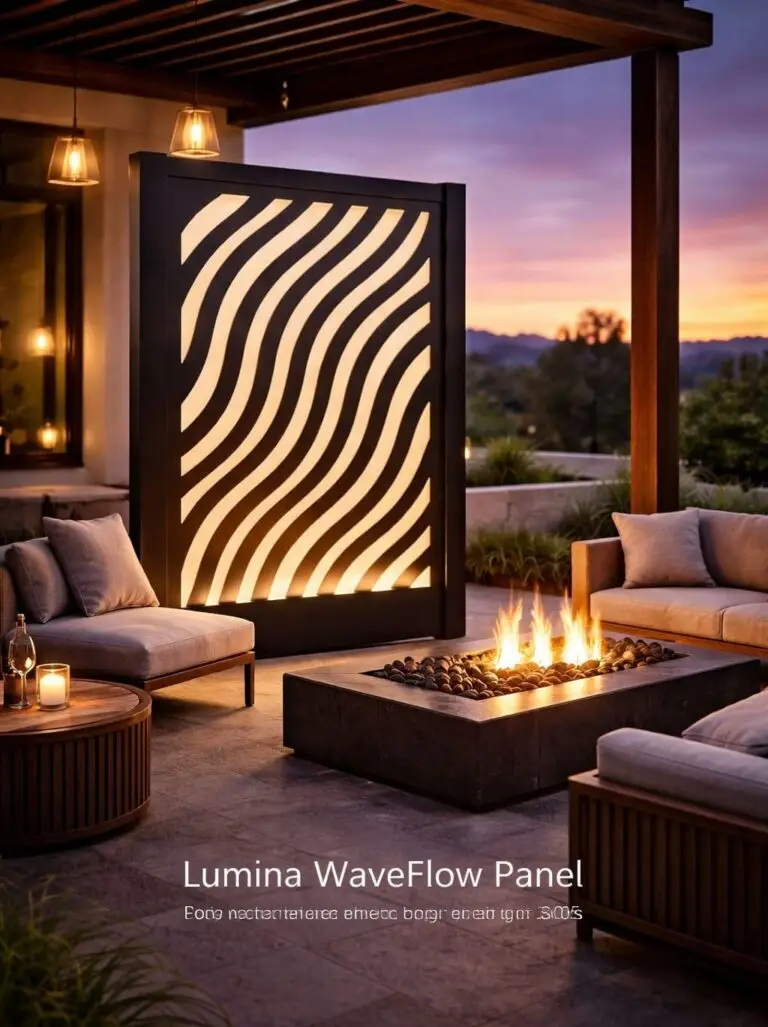 Wave Flow metal privacy screen lit from behind beside an outdoor fire pit lounge