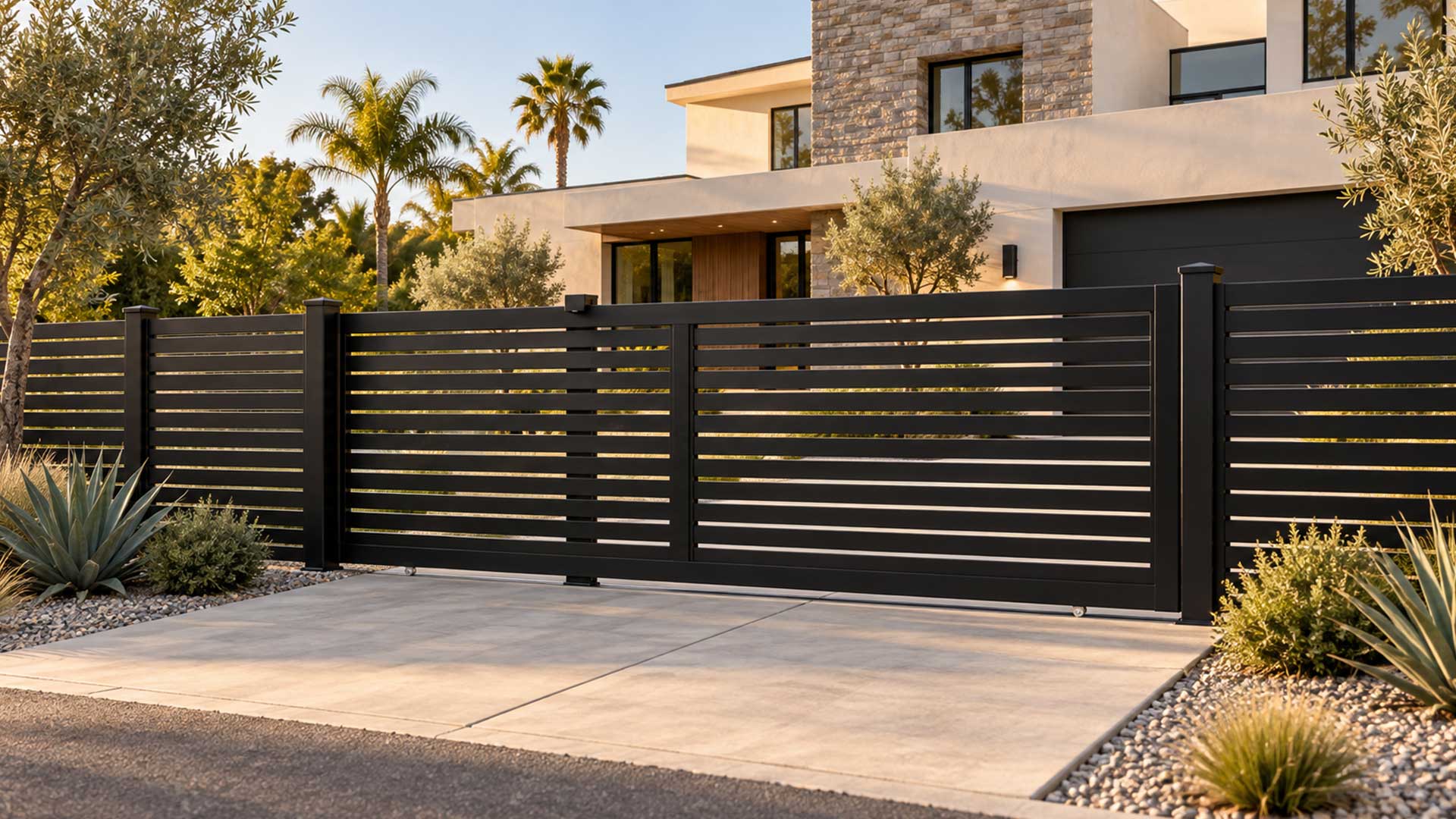 Black horizontal aluminum fence and sliding driveway gate at a modern Southern California home