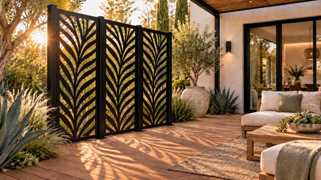 Decorative aluminum fence panels on a modern California property