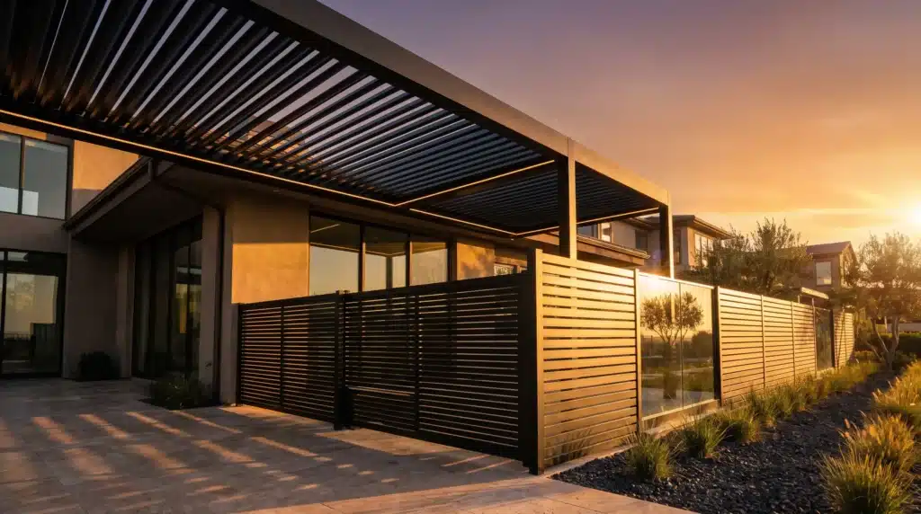 Matte black powder-coated aluminum slat screen and louvered pergola at sunset