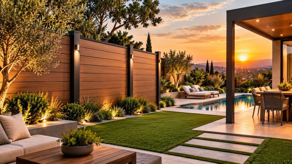 WPC privacy fencing with wood-look composite panels and aluminum posts in a California backyard