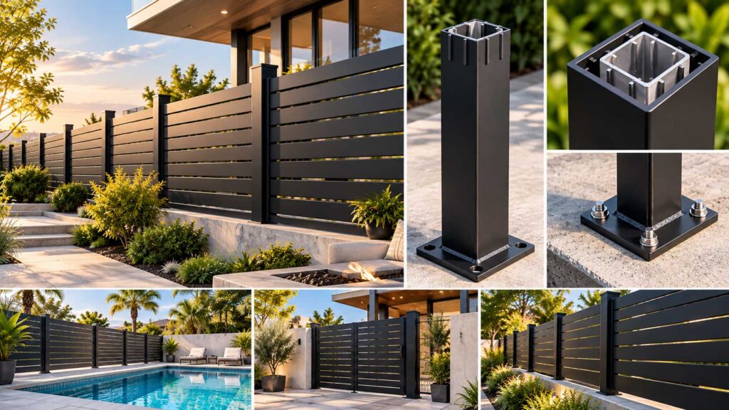 Black heavy-duty aluminum post insert with factory-welded base plate for surface-mounted fencing