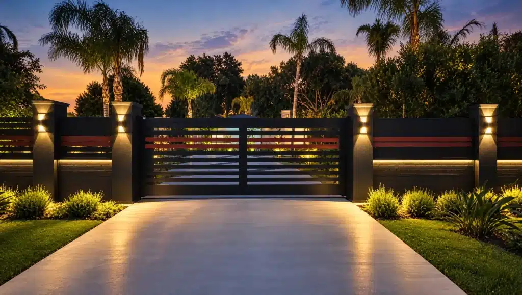 Black horizontal aluminum driveway gate at dusk with warm landscape lighting