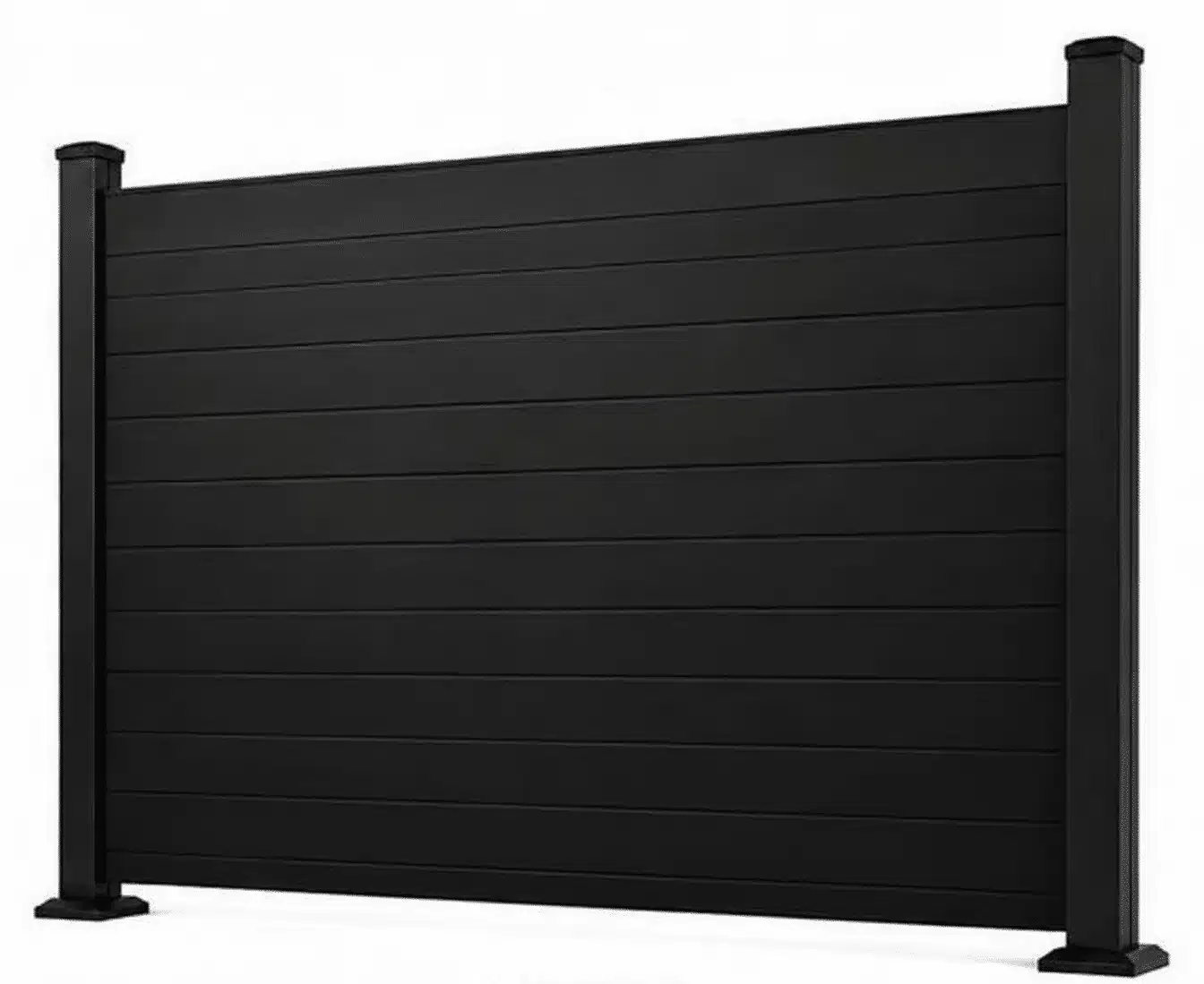 Black Linea aluminum privacy fence panel with overlapping 4 inch slats