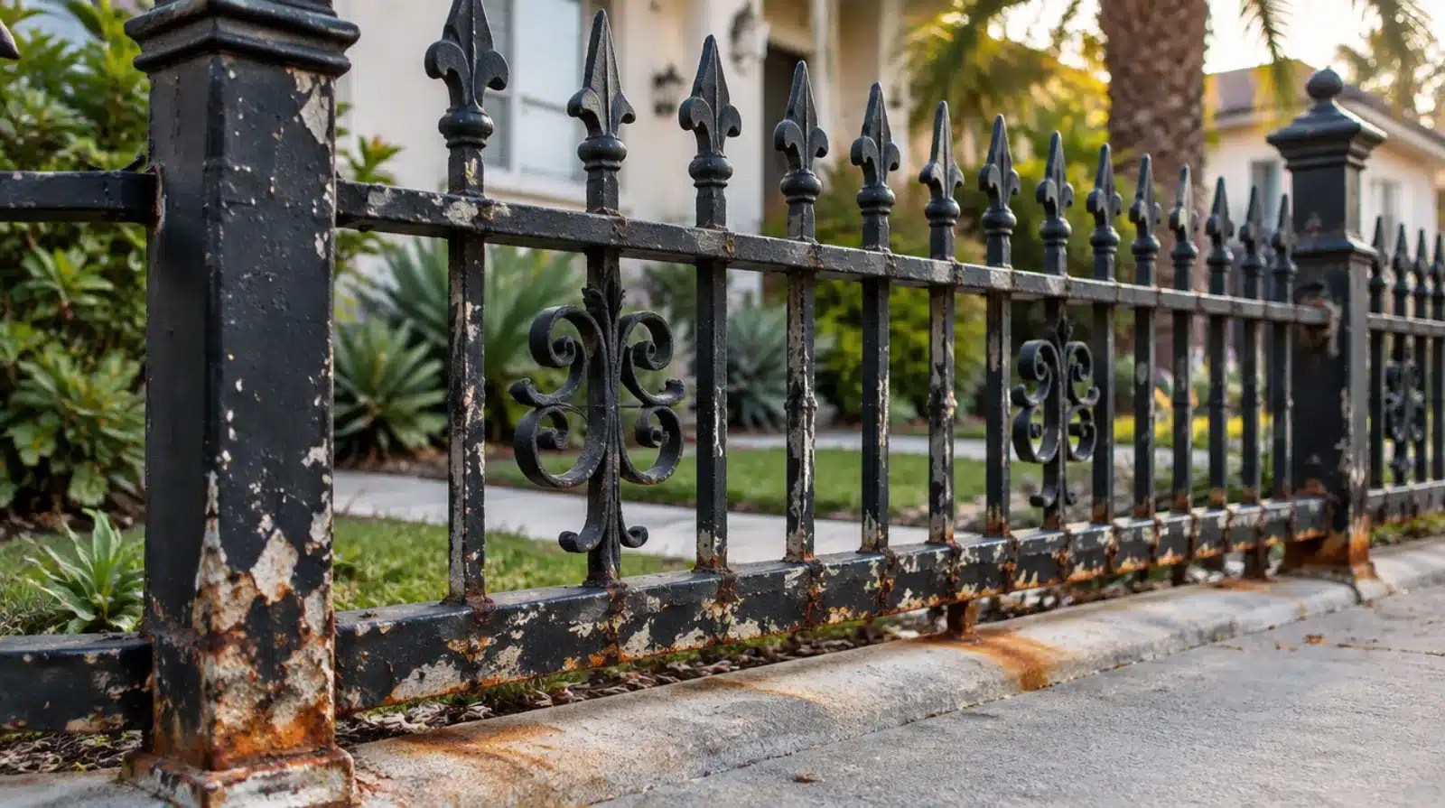 Old wrought iron fence with peeling black paint and rust at the base of the posts