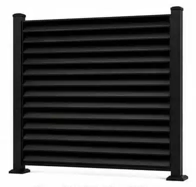 Black Ventura louvered aluminum privacy fence panel with angled blades
